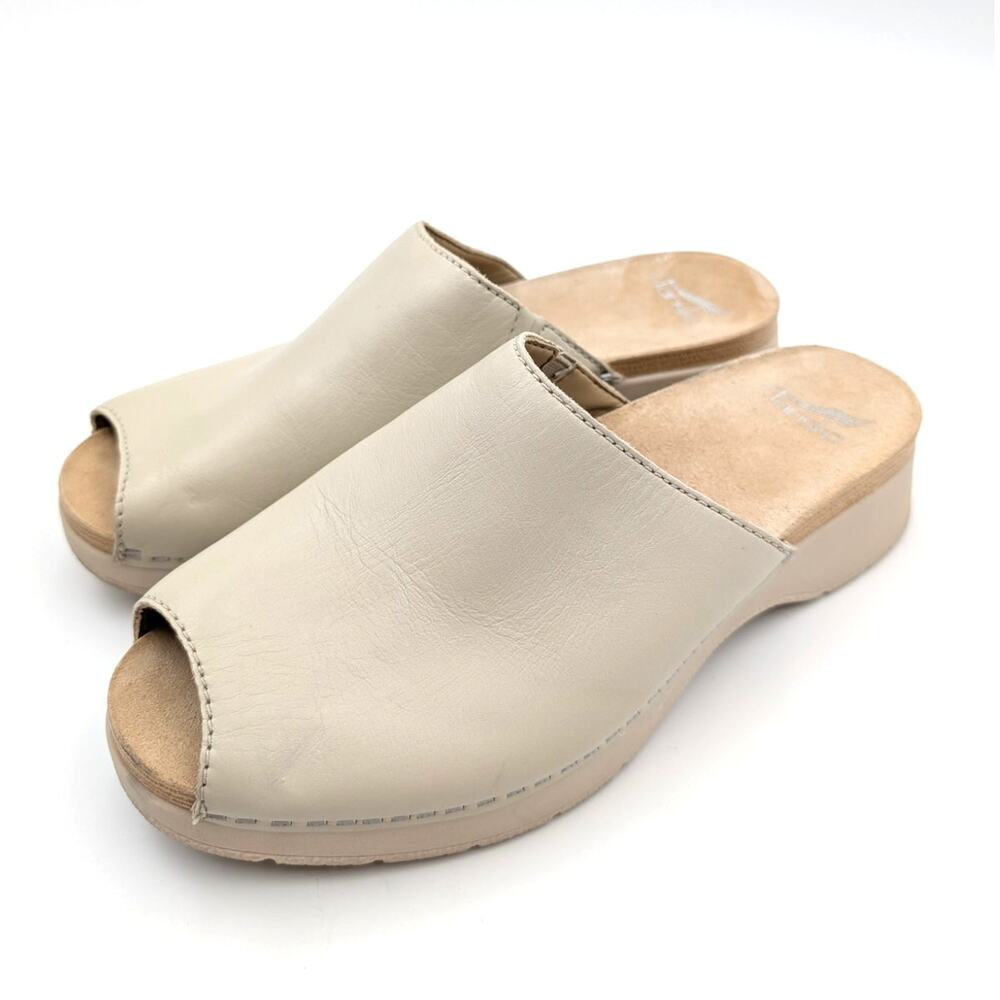 Dansko Ravyn Peep Toe Leather Slide Sandal Slip On Women's Ivory Size US9 EU40